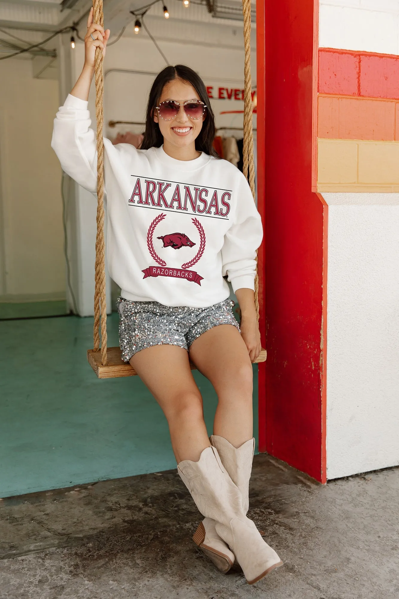 ARKANSAS RAZORBACKS HAVING A BALL PREMIUM FLEECE DROP SHOULDER CREWNECK PULLOVER BY MADI PREWETT TROUTT