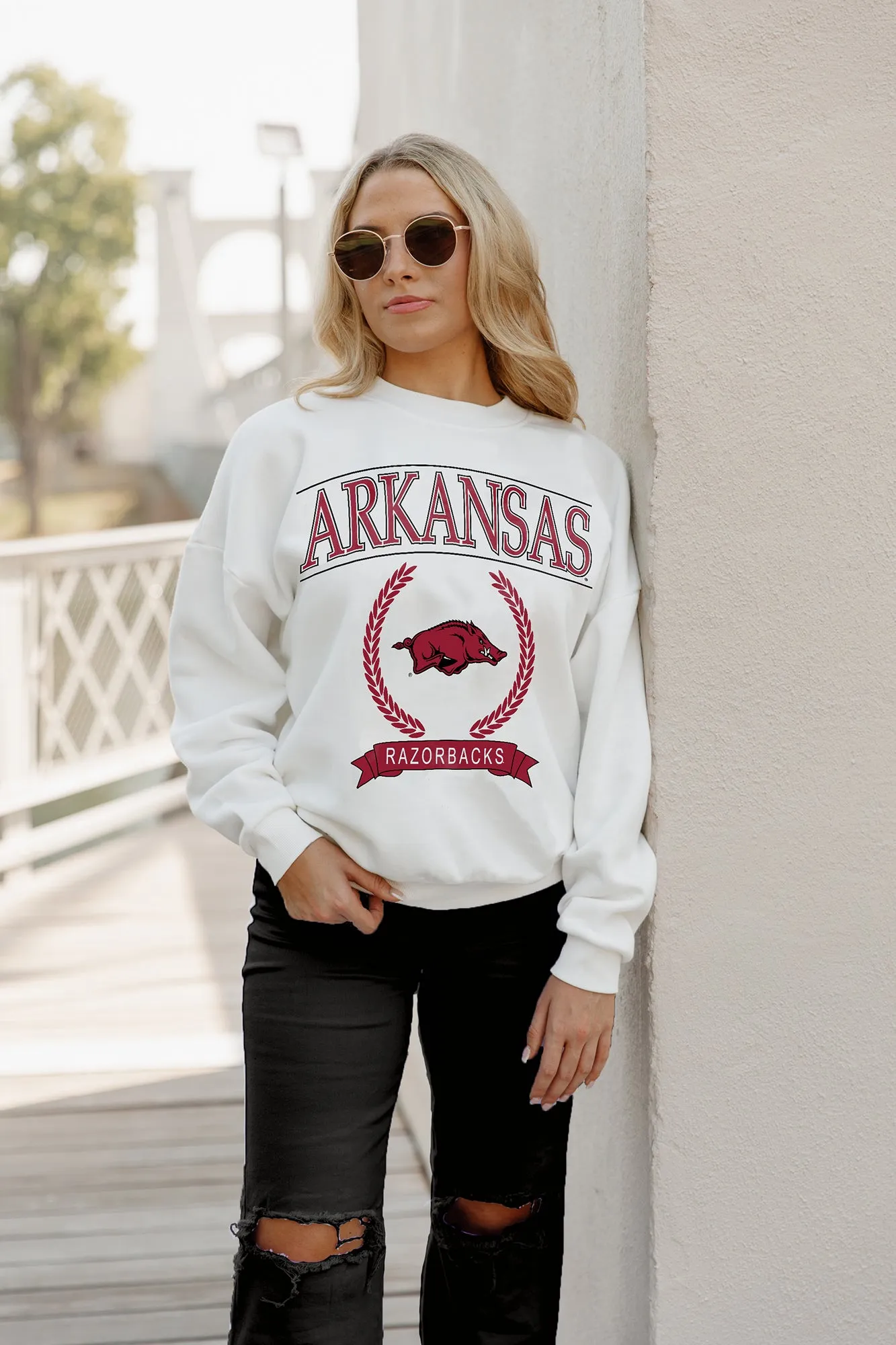 ARKANSAS RAZORBACKS HAVING A BALL PREMIUM FLEECE DROP SHOULDER CREWNECK PULLOVER BY MADI PREWETT TROUTT
