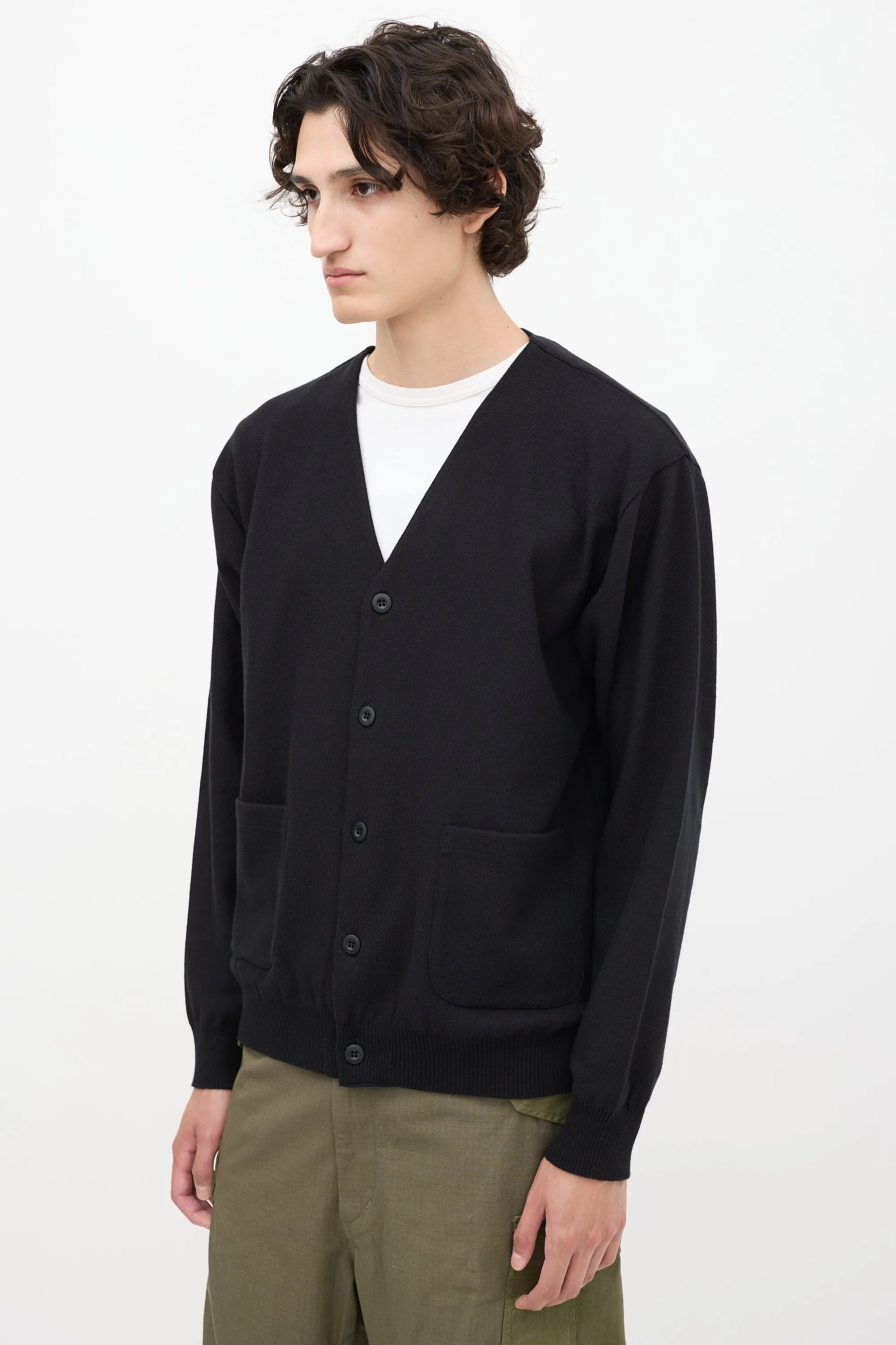 Black Cotton V-Neck Cardigan
