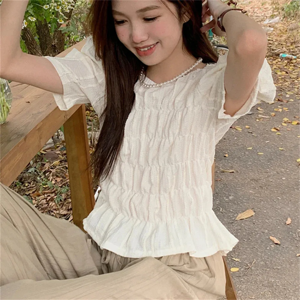 Girlary French Solid Blouses Women Chic Elegant Mujer New Gentle Casual Summer Short Sleeve Work Wear Slim-Fit Blusas