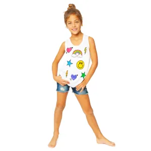 Girls (8-14) Sleeveless Graphic Tee w/ Icons Screen