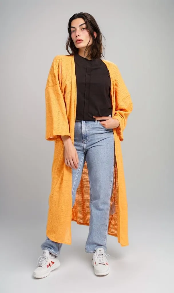 R206559 - Tricot Textured Kimono - Mustard Yellow