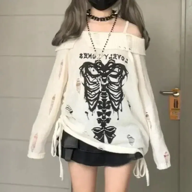 Weiss Gothic Pullover mit Skelett-Design Off-Shoulder Stil